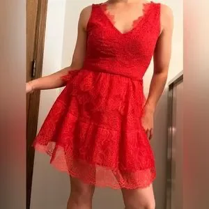 BCBG MaxAzria Willa Bright Poppy Coral Red Tiered Lace Dress